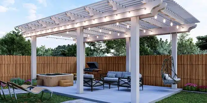 fehér kerti terasz pergola árnyékolóval