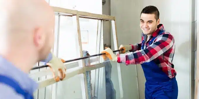 két mosolygós munkás az ablak gyárban